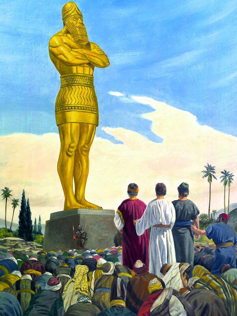 Shadrach, Meshach, and Abednego refuse to bow before Nebuchadnezzar's golden image.