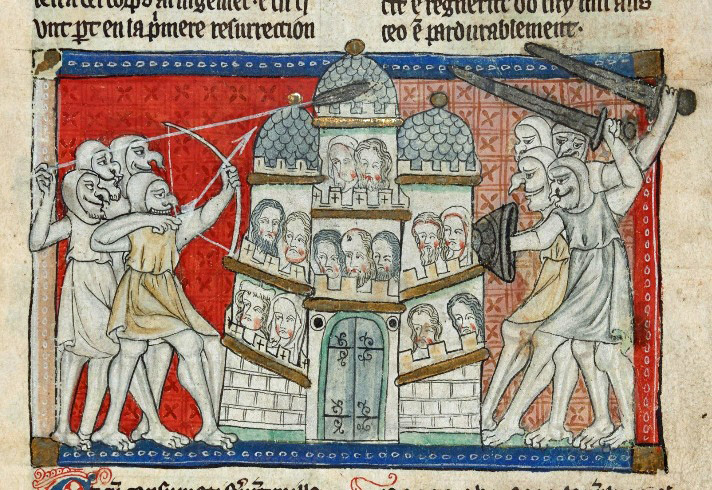 The forces of Satan lay seige to the city of the saints - illustration from a medieval manuscript.