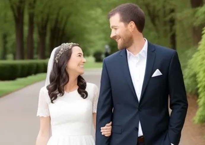 A person and person in wedding attire

Description automatically generated