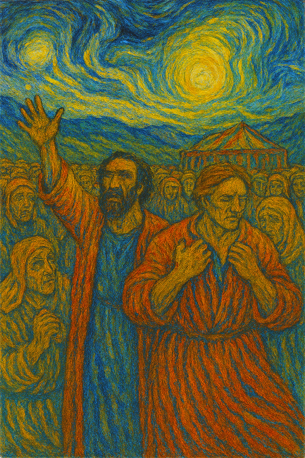 A painting of Joshua and Caleb trying to encourage the people.